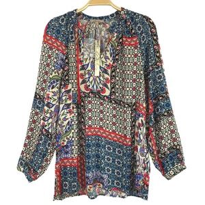 Soiree Boho Patchwork Blouse Women Size S Multicolor Puff Sleeve Cottagecore NWT